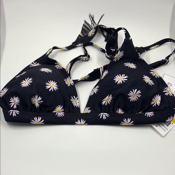 Hula Honey Large Daisy Dog Print Ruffle Triangle Bikini Top Black M NWT - Picture 2 of 8